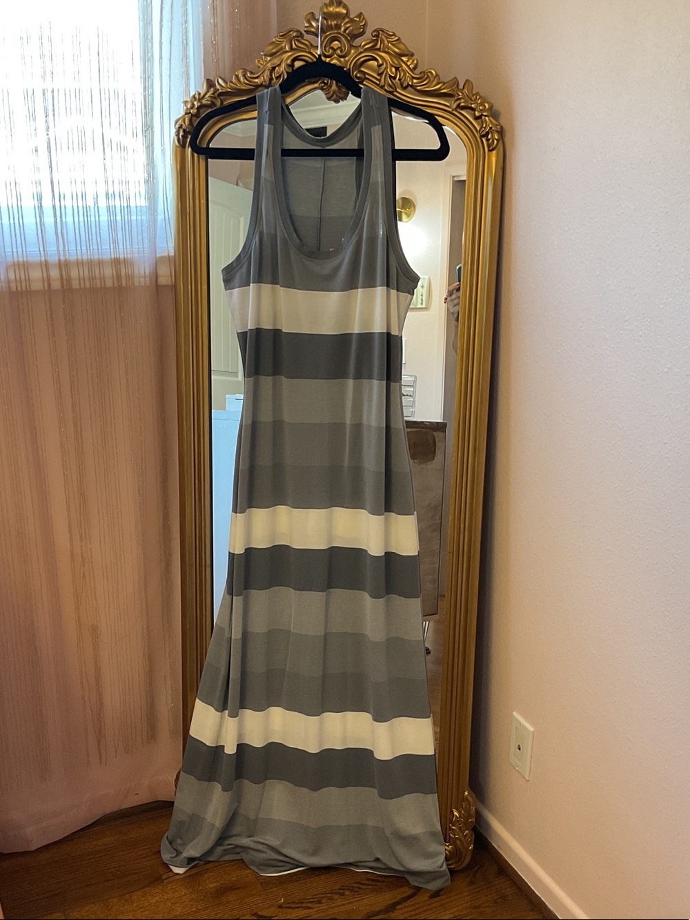 New York & Company Gray and White Striped Maxi Dress